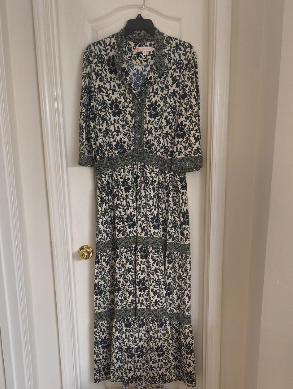 Jude Connally Navy and Cream Floral Maxi Dress with Green Trim